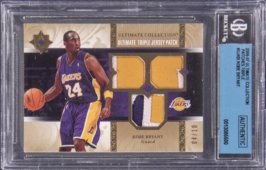 2006-07 Upper Deck Basketball Ultimate Collection Triple Patches #UJKB Kobe Bryant (#4/10) - BGS Authentic